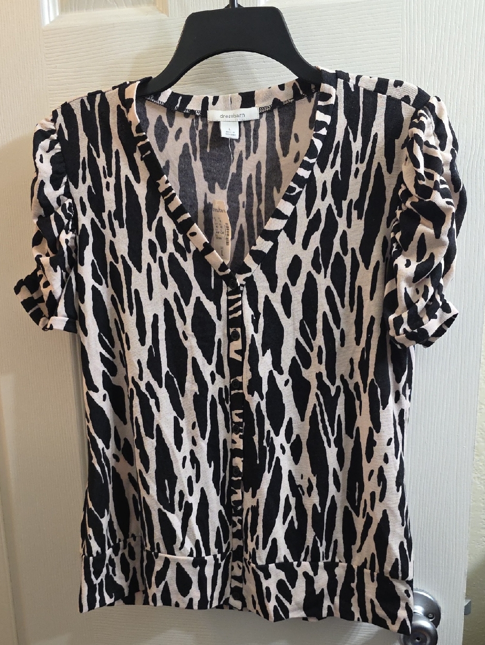 Dress Barn Black & Cream Zebra Print V-Neck Cardigan with Ruched Sleeves Size L